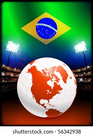 Brazil Flag with Globe on Stadium Background Original Illustration