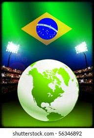 Brazil Flag with Globe on Stadium Background Original Illustration