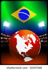 Brazil Flag with Globe on Stadium Background Original Illustration