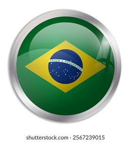 Brazil flag - glossy circle button displays a colorful flag representing a country cultural identity and heritage. The essence of national pride and unity.