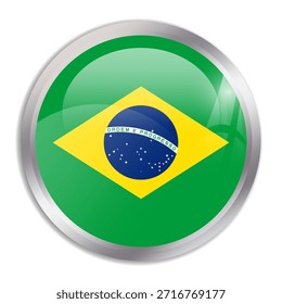 Brazil flag - glossy circle button in metal frame displays a colorful flag of a country cultural identity and heritage. The essence of national pride and unity.