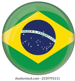 Brazil flag with glossy rounded button for football team and national emblem