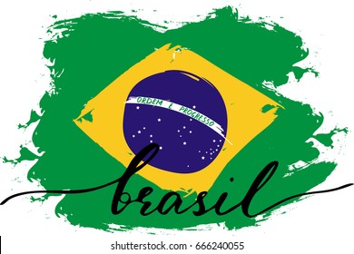 Brazil flag grunge handwritten text on Portuguese language, vector. There are true colors of flag