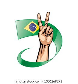 Brazil flag and hand on white background. Vector illustration