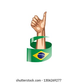 Brazil flag and hand on white background. Vector illustration