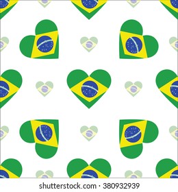 Brazil flag heart seamless pattern. Patriotic Brazil flag background. Country flag in the shape of heart. Vector seamless pattern.