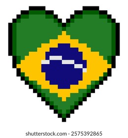 Brazil flag with heart shape in pixel art style