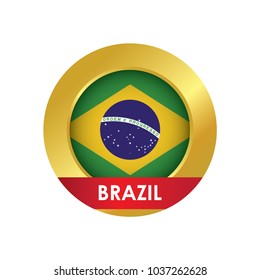 Brazil flag Icon button with golden circle, vector illustration