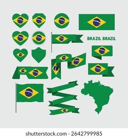 "Brazil Flag Icon Collection – Vector Set of Brazilian Symbols in Heart, Map, Shield, and Ribbon Designs in Green, Yellow, and Blue"
