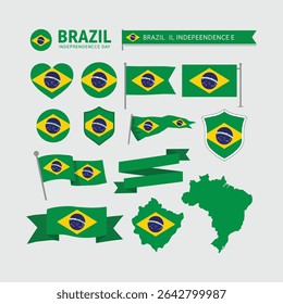 "Brazil Flag Icon Collection – Vector Set of Brazilian Symbols in Heart, Map, Shield, and Ribbon Designs in Green, Yellow, and Blue"