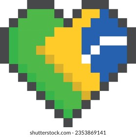 Brazil flag inside heart in pixel art style