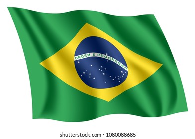 Brazil flag. Isolated national flag of Brazil. Waving flag of the Federative Republic of Brazil. Fluttering textile brazilian flag.
