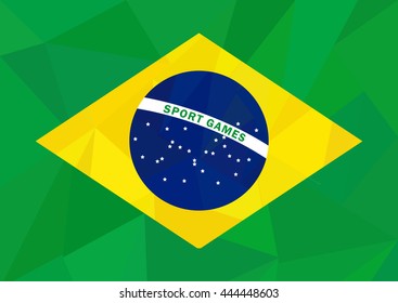 Brazil flag in low poly style on sport theme. Vector illustration in national colors green yellow blue.