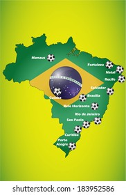 Brazil flag map background with host cities.