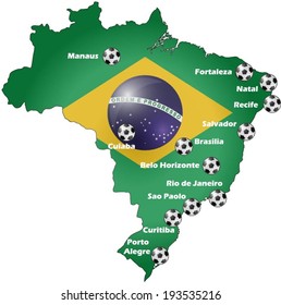 Brazil flag map background with host cities.