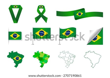 Brazil Flag and Map Icons — National Ribbon, Waving Flag, Brazil Outline and Region Vector Set