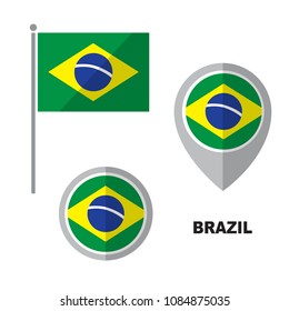 Brazil flag and map pointer isolated on white background. Federative Republic of Brazil  national symbol. Vector flat design collection.