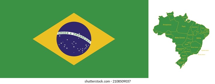 Brazil flag and map with regions states and names vector