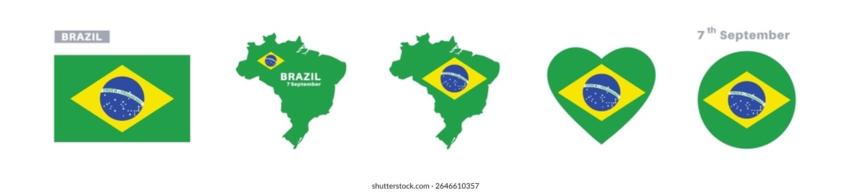 brazil flag and map set. brazil flag in official colors and proportions. independence day 7 september , map, circle and heart shaped brazil
