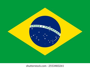 Brazil flag in official colors, dimensions and aspect ratio. Vector flag symbolizing national pride, identity, heritage, patriotism and authority