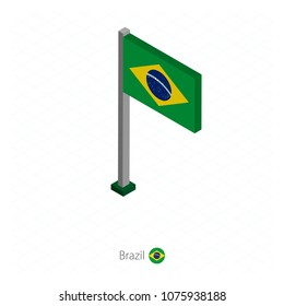Brazil Flag on Flagpole in Isometric dimension. Isometric blue background. Vector illustration.