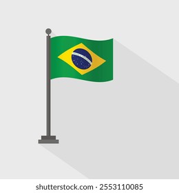 Brazil flag, Brazil flag on flagpole with wave effect, vector illustration flat design.