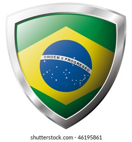 Brazil flag on metal shiny shield vector illustration. Collection of flags on shield against white background. Abstract isolated object.