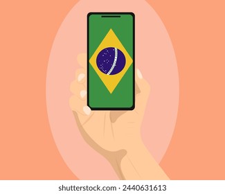Brazil flag on mobile phone screen, holding smartphone, advertising social media or banner concept, Brazil flag showing on phone screen, technology news idea