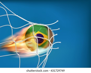 Brazil flag on soccer ball goes through the net of goal in vector format, design for score in football with powerful shooting as a fire