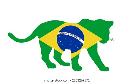 Brazil flag over Jaguar vector silhouette illustration isolated on white background. Wild cat, silent predator from South America. Brasil patriotic symbol of national animal. Travel tourism invite.