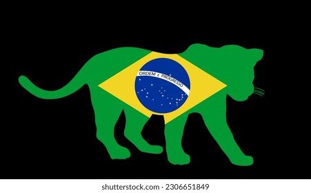 Bandera de Brasil sobre la silueta vectorial Jaguar aislada en el fondo negro. Gato salvaje, depredador silencioso de Sudamérica. Brasil, símbolo patriótico del animal nacional. Invitación al turismo de viajes.