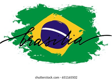 Brazil flag painted calligraphy text Brasilia. Flag of brazil of with handwritten text, vector. There are true colors of flag. 