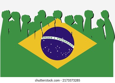 Brazil flag with raised protest hands vector, country flag logo, Brazil protesting concept, flat design, against idea