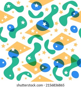 Brazil Flag Seamless Pattern. Rereading, Yellow Green And Blue. Vector Illustration, Replicable, Stackable. Print For The Festa De São João, Festa Junina Backdrop. Brazil Wallpaper