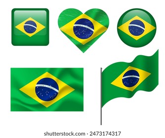 Brazil flag set of icons. Vector flag of Brazil, symbol. Set of Brazilian flags button, waved, heart.