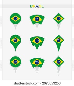 Brazil flag, set of location pin icons of Brazil flag. Vector illustration of national symbols.