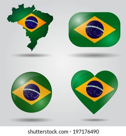 Brazil flag set in map, oval, circular and heart shape.