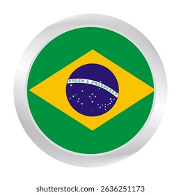 The Brazil flag.  Silver frame. Circle flag icon logo. Round glossy. Flag icon. Standard color. Digital illustration. 