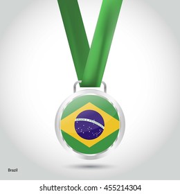 Brazil Flag in Silver Medal. Vector Illustration. RIO Olympic Game silver Medal. Vector Illustration