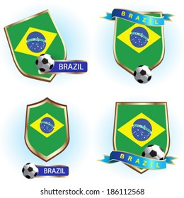 Brazil flag with soccer ball and blazon - vector illustration.