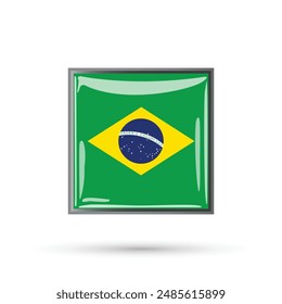 brazil flag square button glossy and shiny 3d in frame. brazilian flag isolated vector illustration on white background for national day celebration on 7th September. independence day September 7 flag