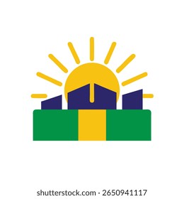 Brazil Flag Symbol with Sun Buildings in Yellow Green Blue Colors on icon Proclamação