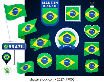 brazil flag vector collection. big set of national flag design elements in different shapes for public and national holidays in flat style. Post mark, made in, love, circle, road sign, wave