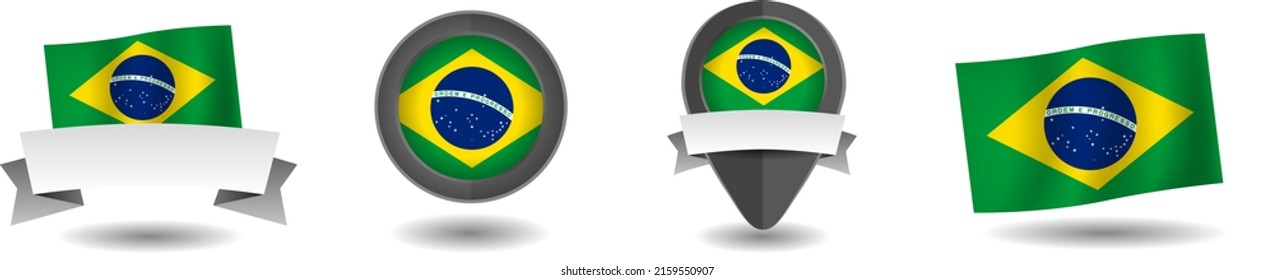 Colección vectorial de bandera de Brasil. Icono plano de punteros, banderas y banners. Ilustración de señales de estado del vector aislada en fondo blanco. Símbolo de la bandera de Brasil en el elemento de diseño.