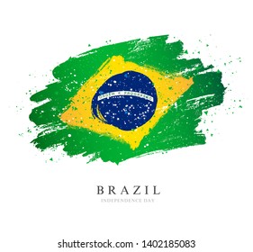 Brazil flag. Vector illustration on white background. Brush strokes drawn by hand. Independence Day.