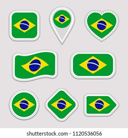 Brazil flag vector set. Brazilian national flags stickers collection. Vector isolated geometric icons. Web, sports pages, patriotic, travel, school, geographic design elements. Different shapes
