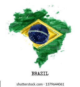 Brazil Flag Watercolor Painting Design . Country Map Shape . Independence Day Concept ( 7 September 1822 ) . Vector .