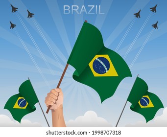 Brazil flags Flying under the blue sky