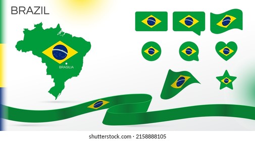 Brazil flags set. Various designs. Map and capital city. World flags. Vector set. Circle icon. Template for independence day. Collection of national symbols. Ribbon with colors of the flag.