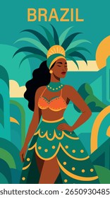 Brasil. Ilustração vetorial brilhante plana de mulher brasileira em traje de carnaval com arquitetura tropical abstrata. Imagem alegre e poderosa da cultura, dança e feminilidade brasileiras